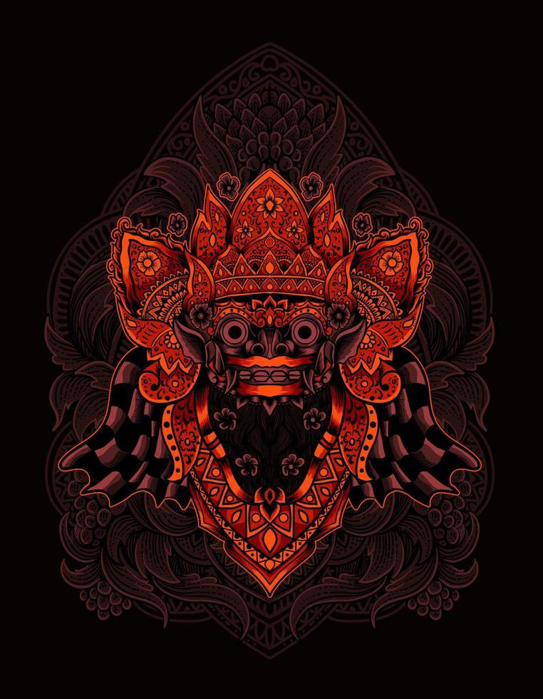 Ilustración vectorial cabeza de barong con adornos de grabado vintage vector