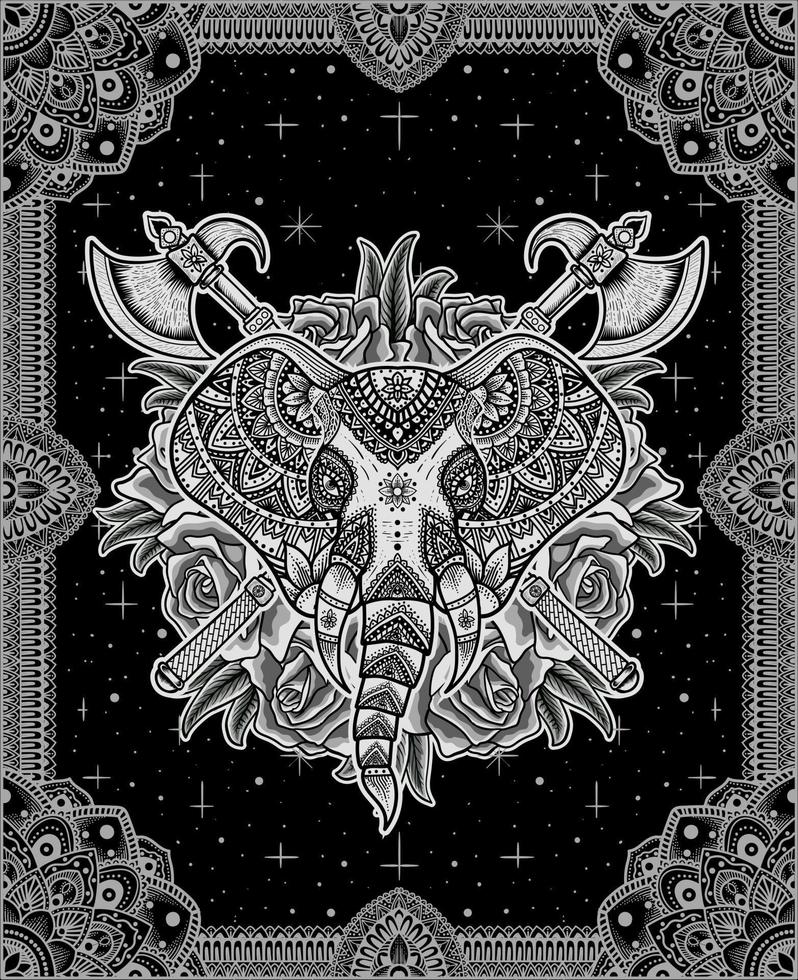 illustration vector elephant head mandala style with rose flower