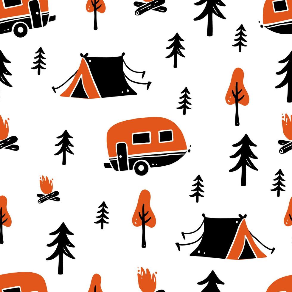 Hand drawn seamless pattern of camping equipment vector