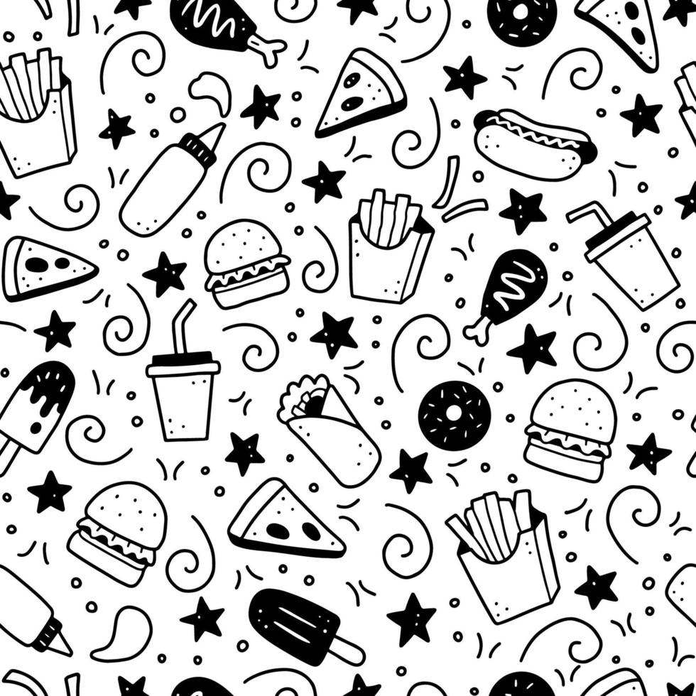 Hand drawn seamless pattern of fast food doodle. Vector illustration.