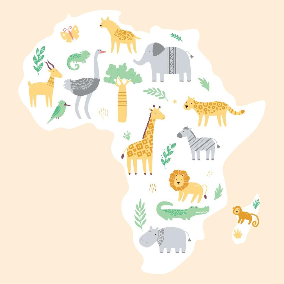 Africa map with cute african zoo animals vector