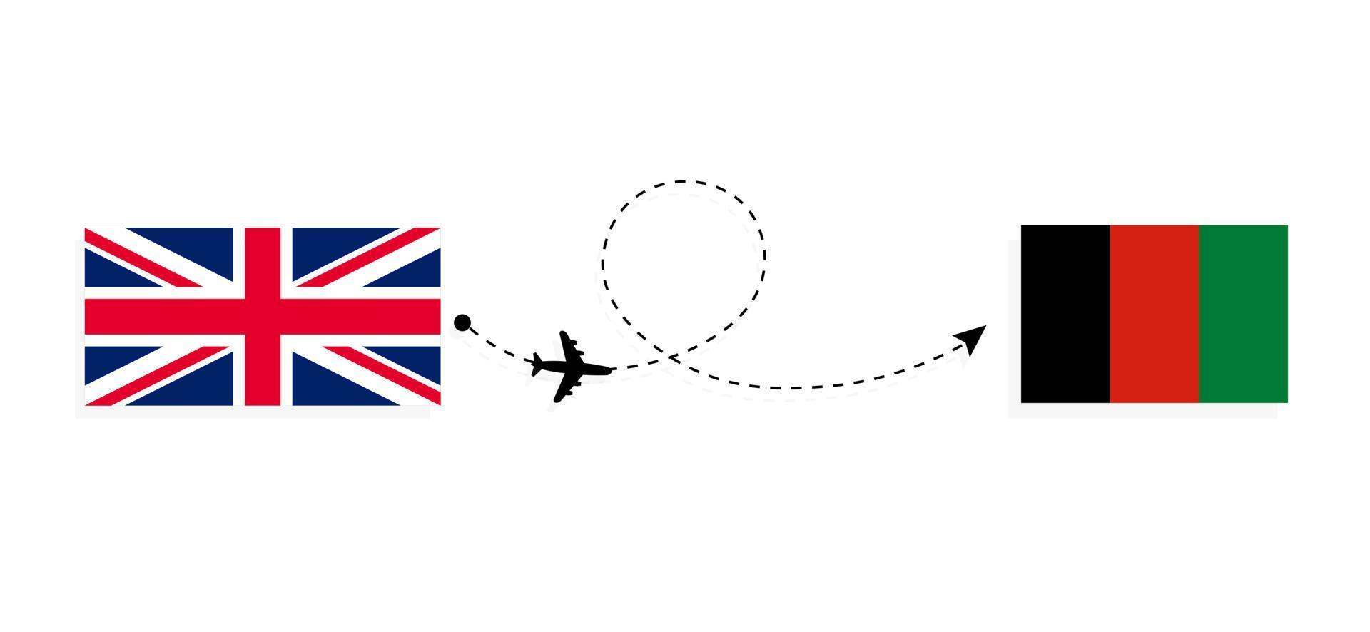 vuelo y viaje desde el reino unido de gran bretaña a afganistán en avión de pasajeros concepto de viaje vector