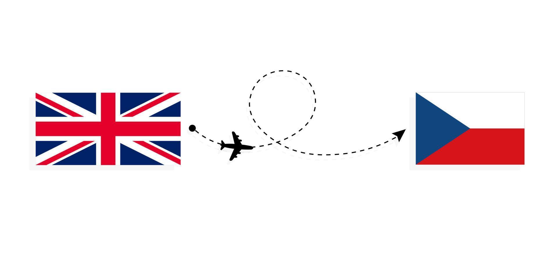 Flight and travel from United Kingdom of Great Britain to Czechia by passenger airplane Travel concept vector