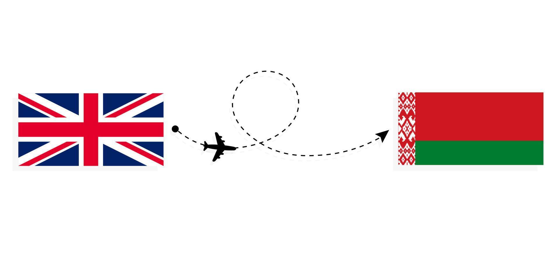 Flight and travel from United Kingdom of Great Britain to Belarus by passenger airplane Travel concept vector