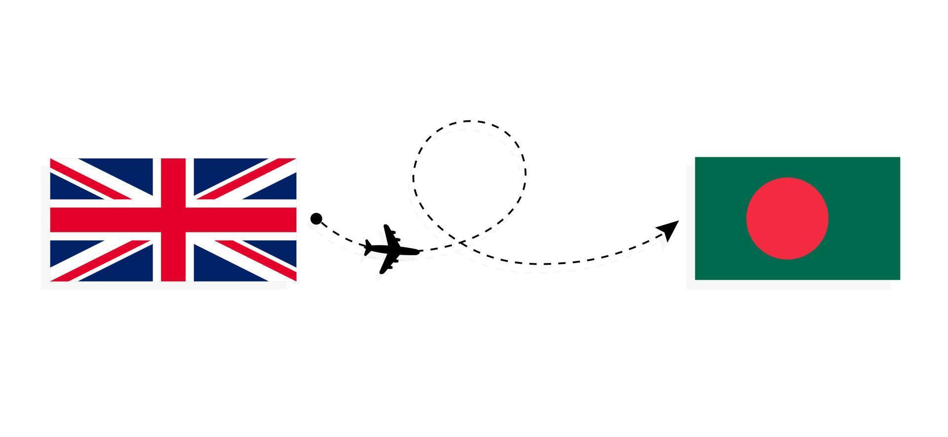 vuelo y viaje desde el reino unido de gran bretaña a bangladesh en avión de pasajeros concepto de viaje vector