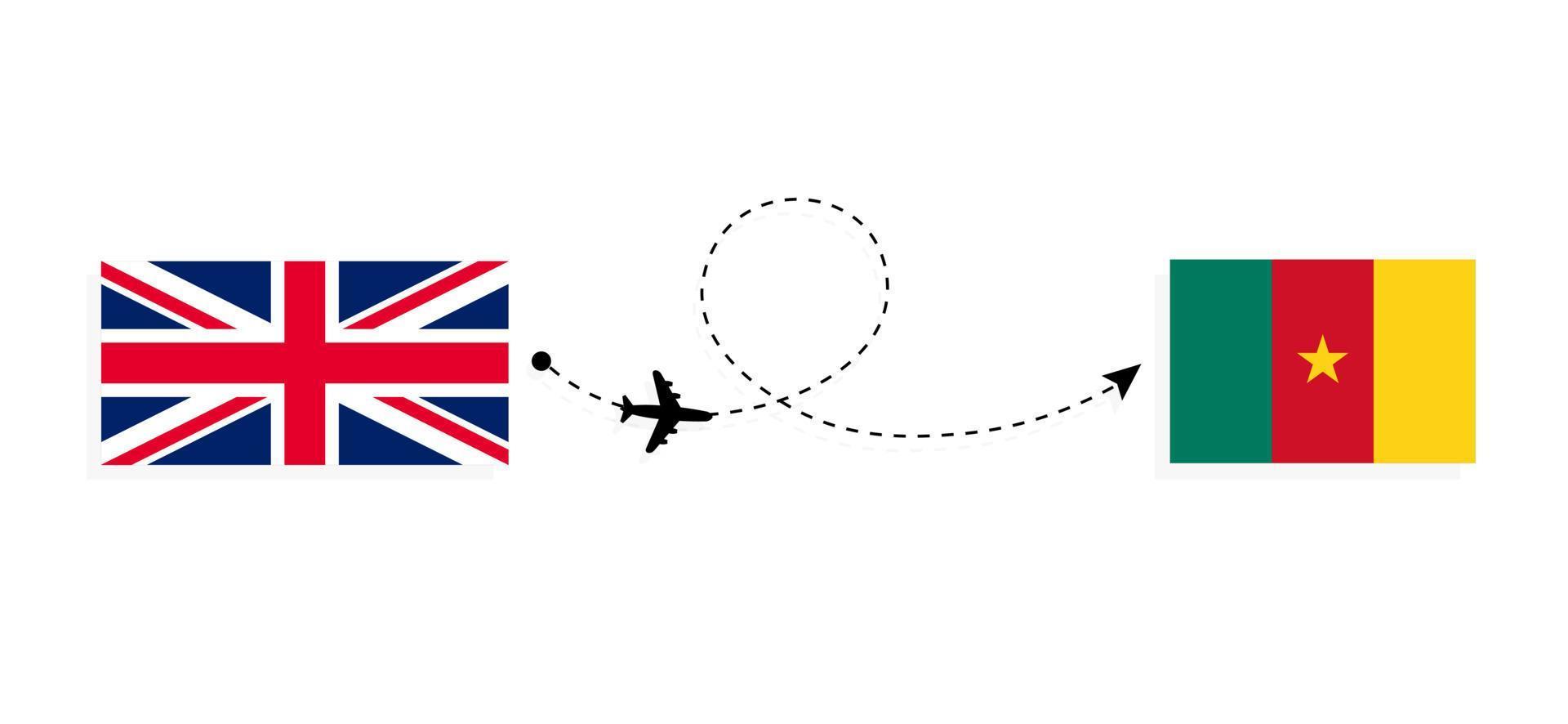 vuelo y viaje desde el reino unido de gran bretaña a camerún en avión de pasajeros concepto de viaje vector