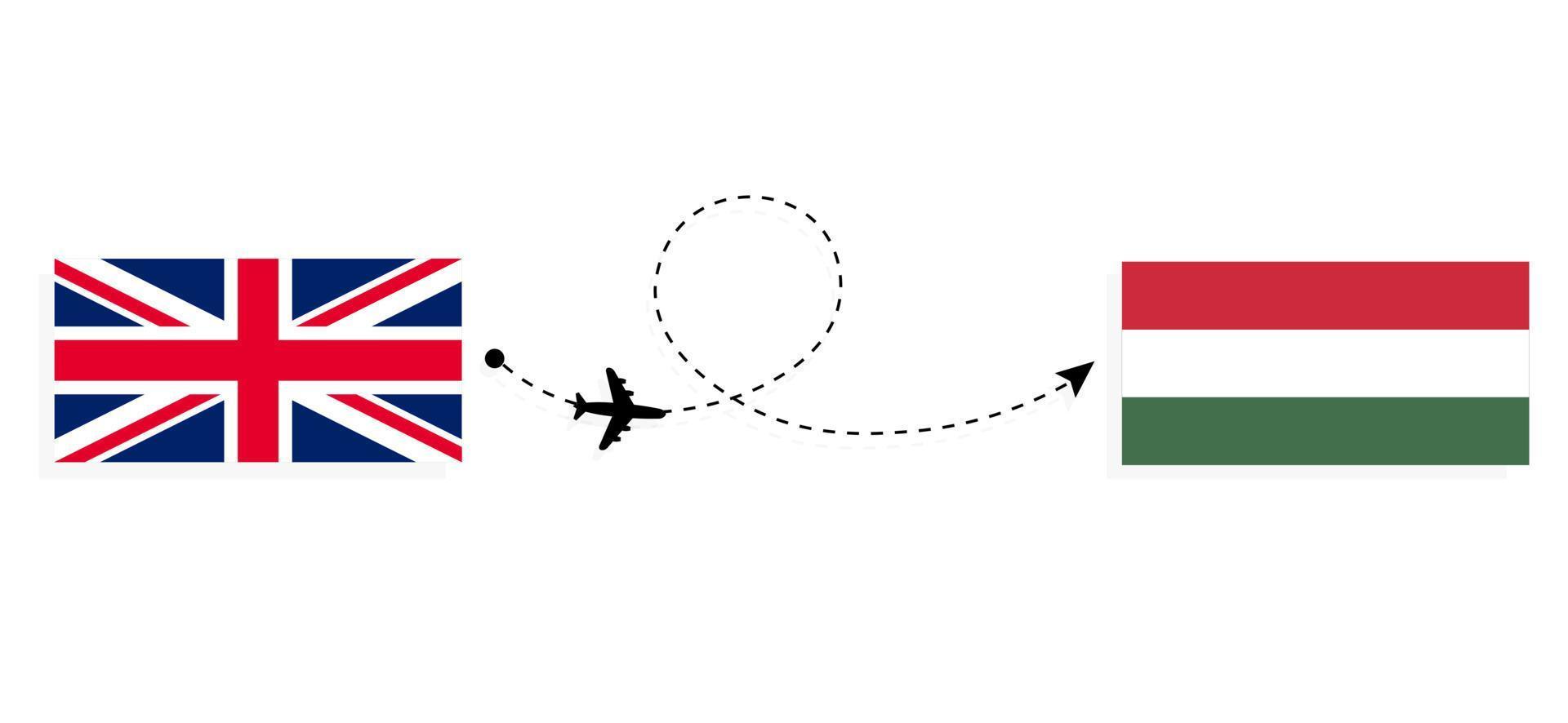 Flight and travel from United Kingdom of Great Britain to Hungary by passenger airplane Travel concept vector