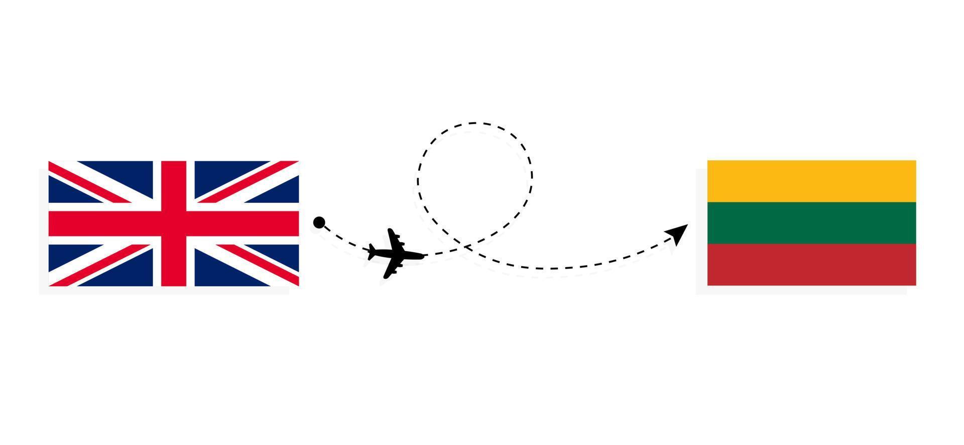 Flight and travel from United Kingdom of Great Britain to Lithuania by passenger airplane Travel concept vector