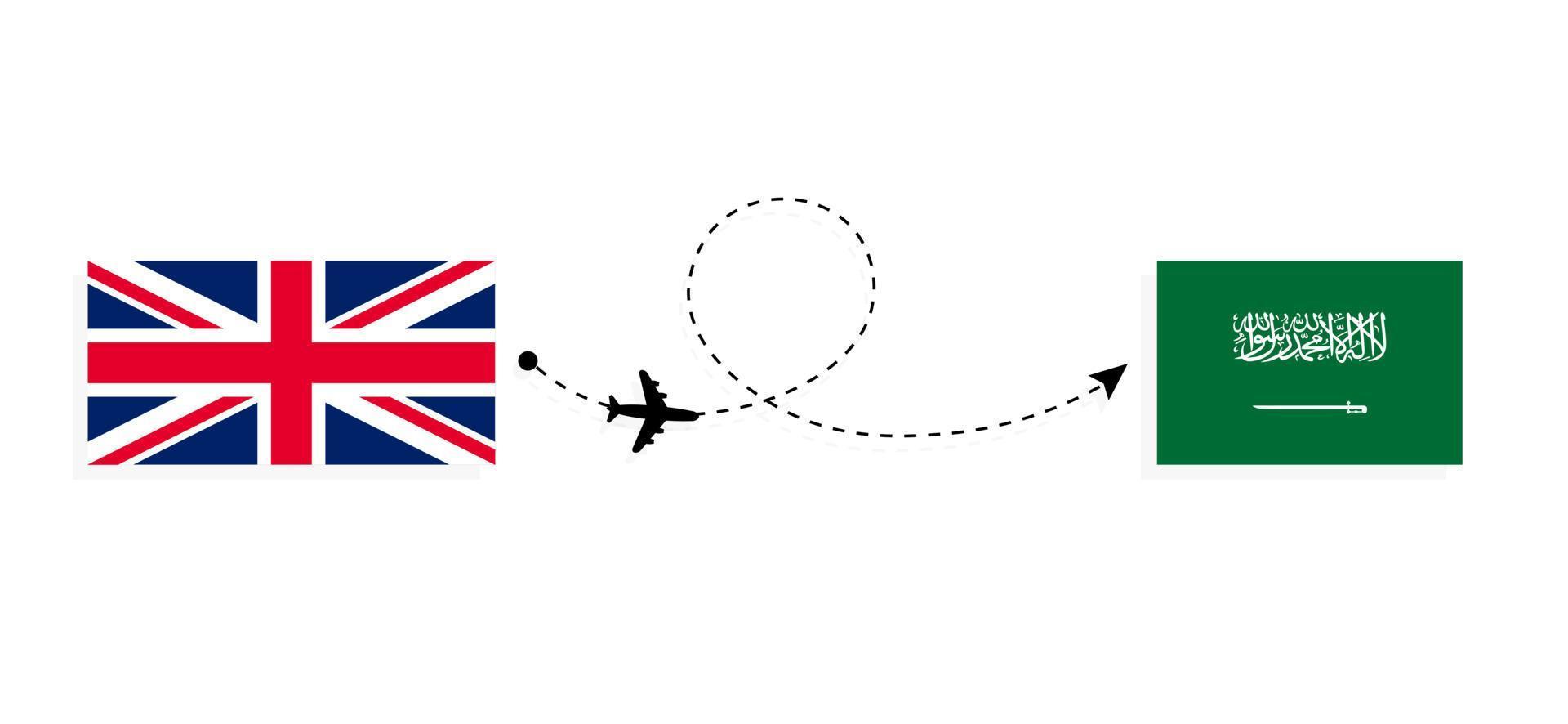 Flight and travel from United Kingdom of Great Britain to Saudi Arabia by passenger airplane Travel concept vector