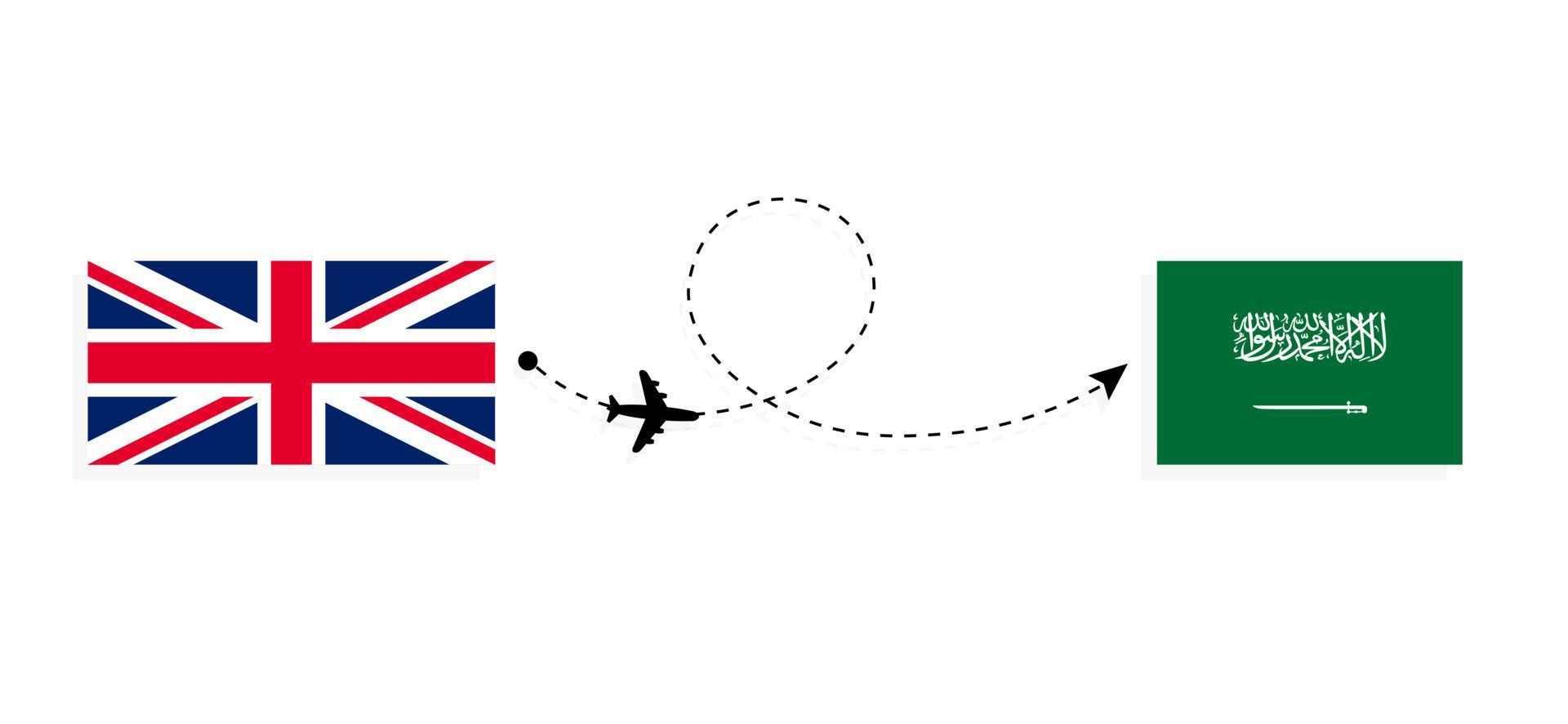 vuelo y viaje desde el reino unido de gran bretaña a arabia saudita en avión de pasajeros concepto de viaje vector