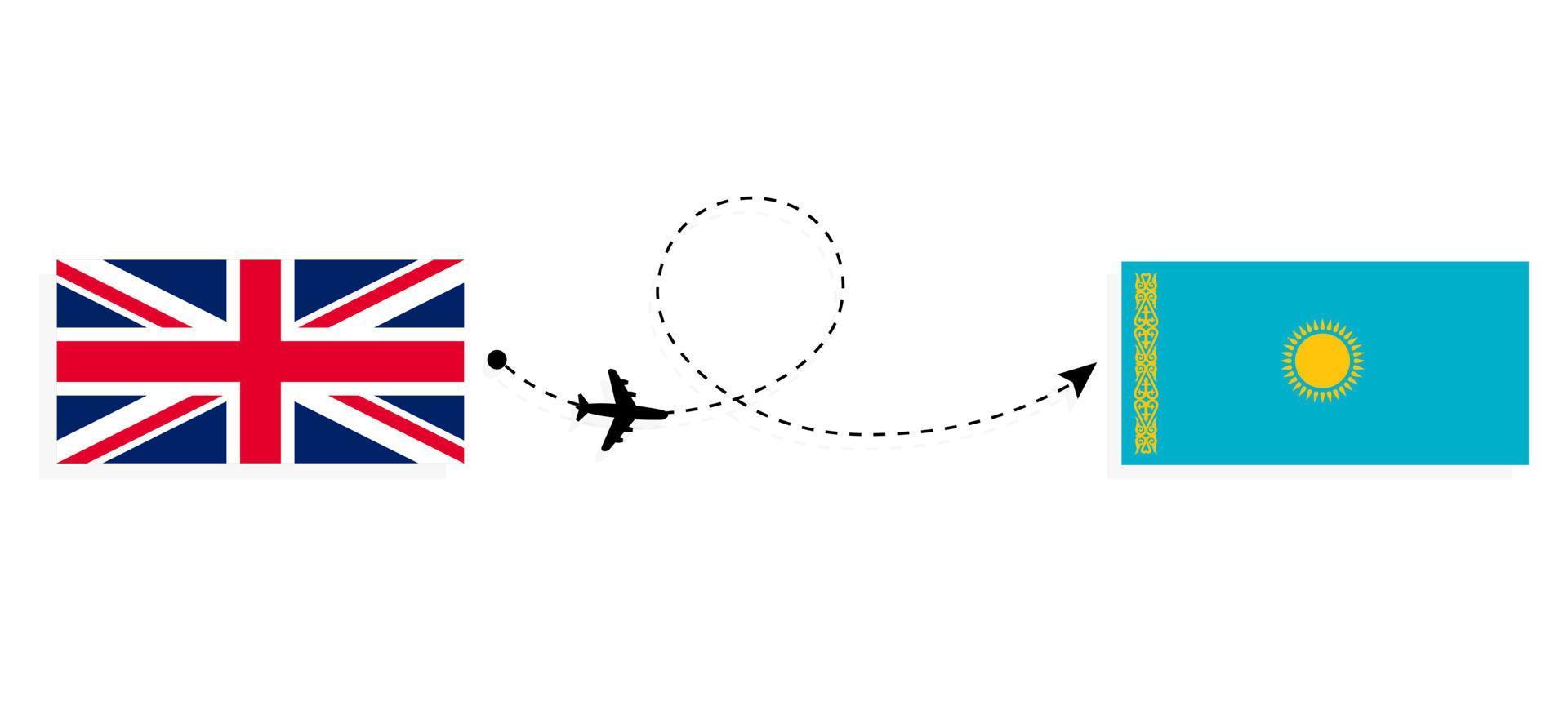 vuelo y viaje desde el reino unido de gran bretaña a kazajstán en avión de pasajeros concepto de viaje vector