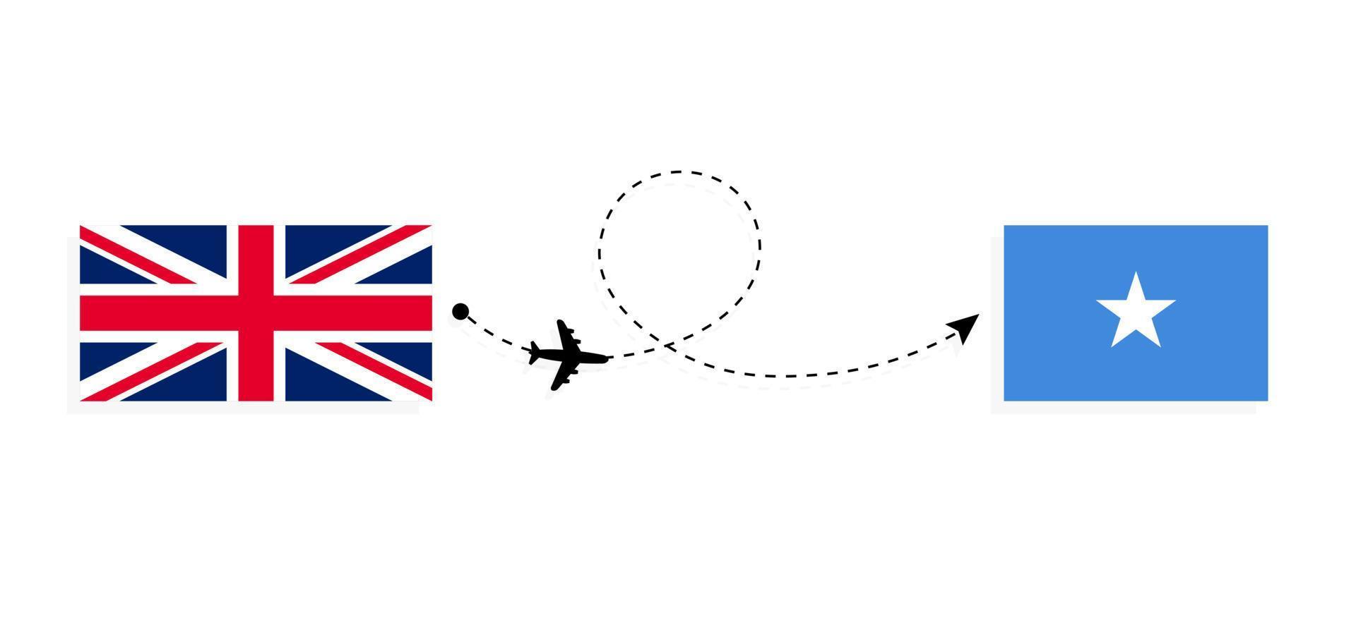 vuelo y viaje desde el reino unido de gran bretaña a somalia en avión de pasajeros concepto de viaje vector