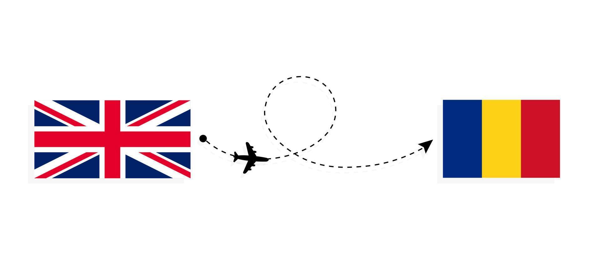 Flight and travel from United Kingdom of Great Britain to Romania by passenger airplane Travel concept vector
