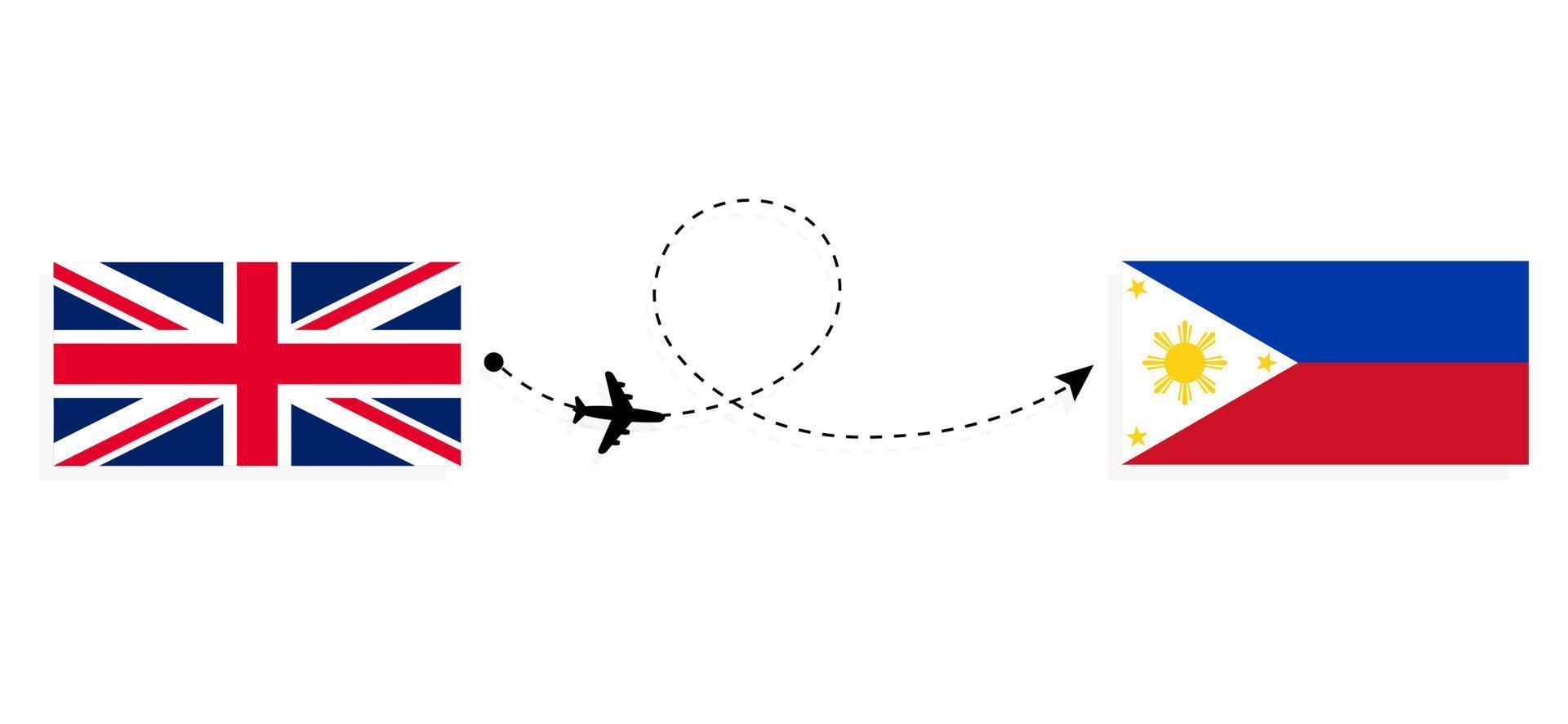 vuelo y viaje desde el reino unido de gran bretaña a filipinas en avión de pasajeros concepto de viaje vector