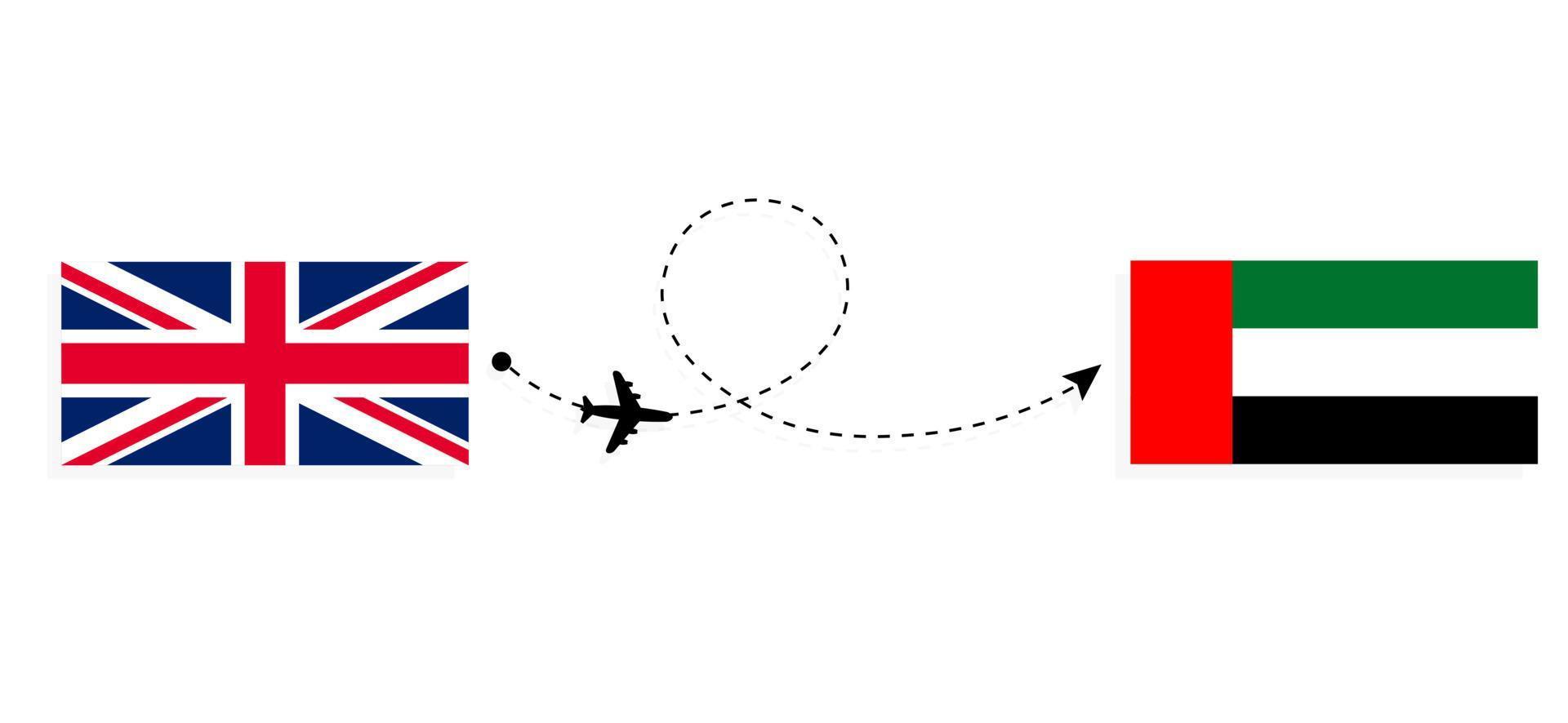 vuelo y viaje desde el reino unido de gran bretaña a los emiratos árabes unidos en avión de pasajeros concepto de viaje vector