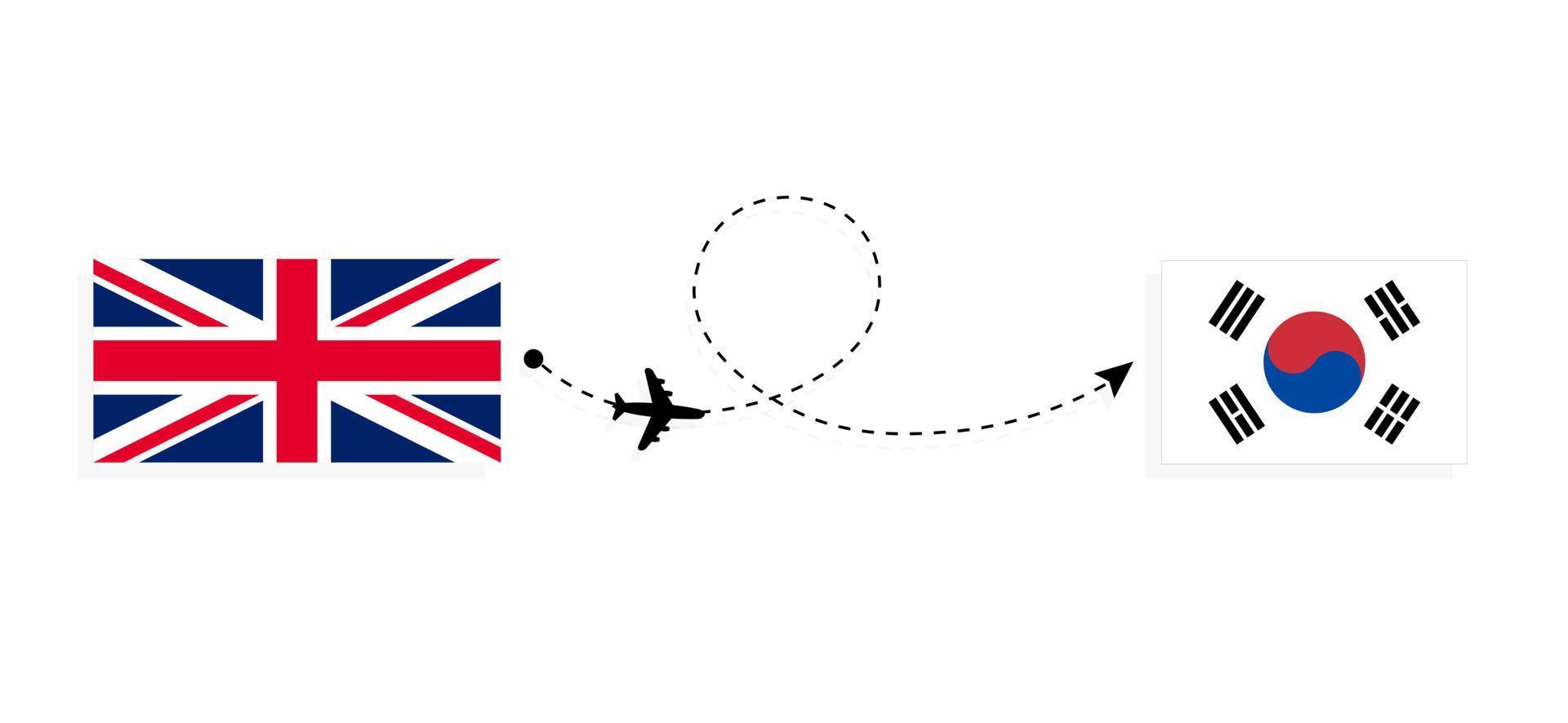 vuelo y viaje desde el reino unido de gran bretaña a corea del sur en avión de pasajeros concepto de viaje vector