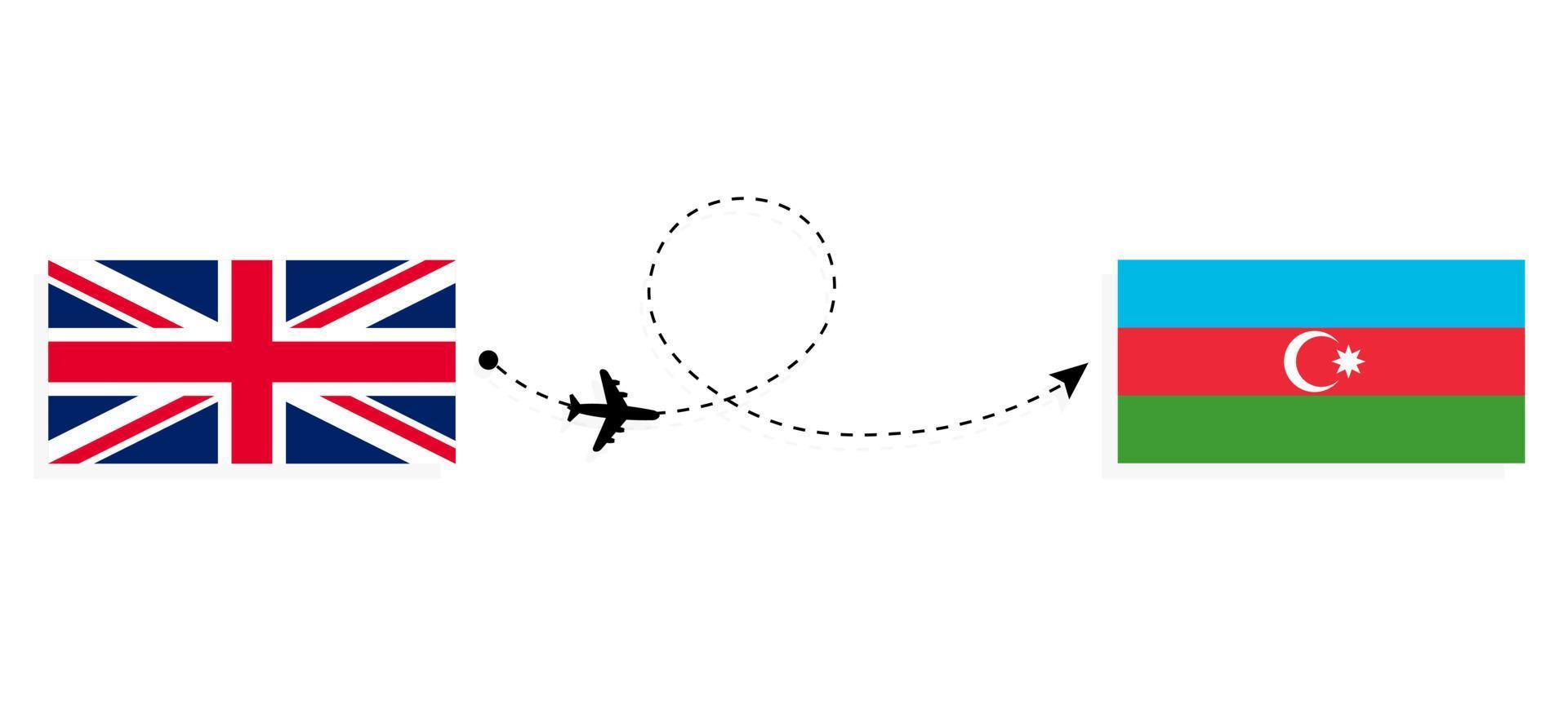 vuelo y viaje desde el reino unido de gran bretaña a azerbaiyán en avión de pasajeros concepto de viaje vector