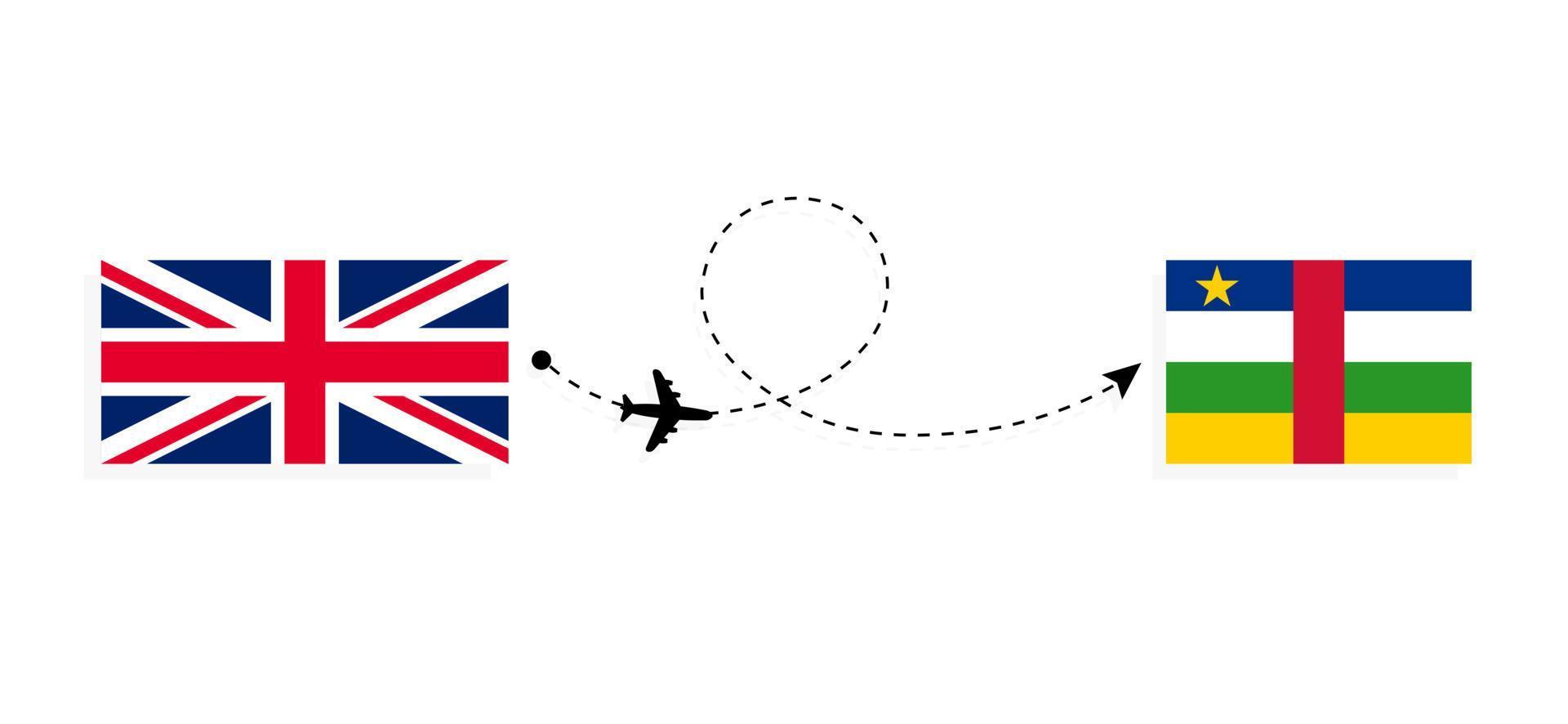 vuelo y viaje desde el reino unido de gran bretaña a la república centroafricana en avión de pasajeros concepto de viaje vector