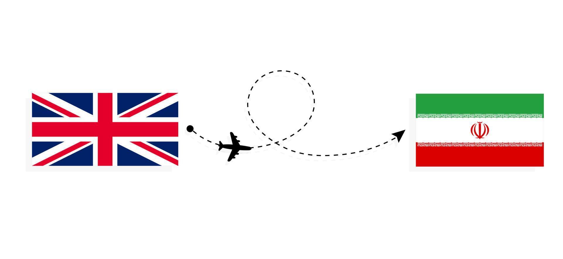 vuelo y viaje desde el reino unido de gran bretaña a irán en avión de pasajeros concepto de viaje vector