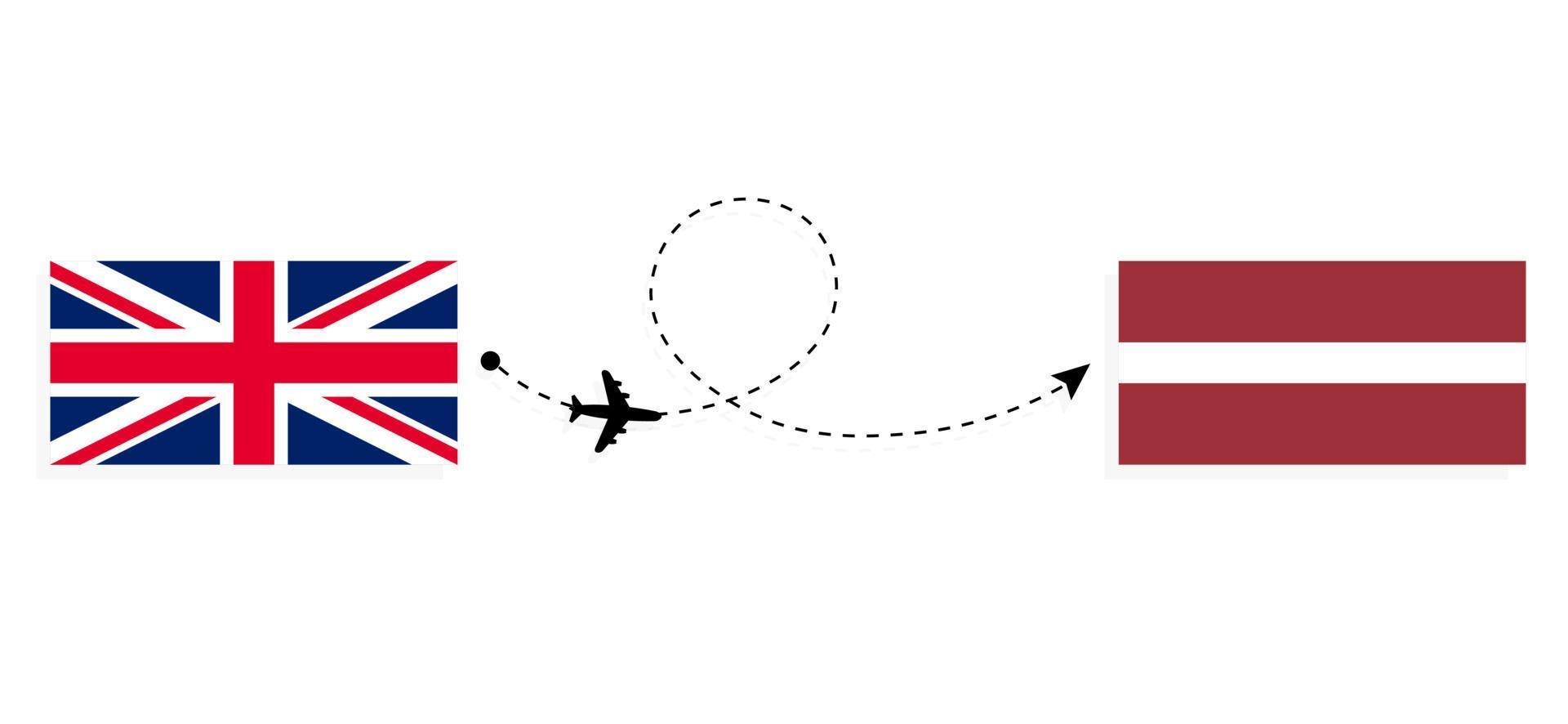 vuelo y viaje desde el reino unido de gran bretaña a letonia en avión de pasajeros concepto de viaje vector