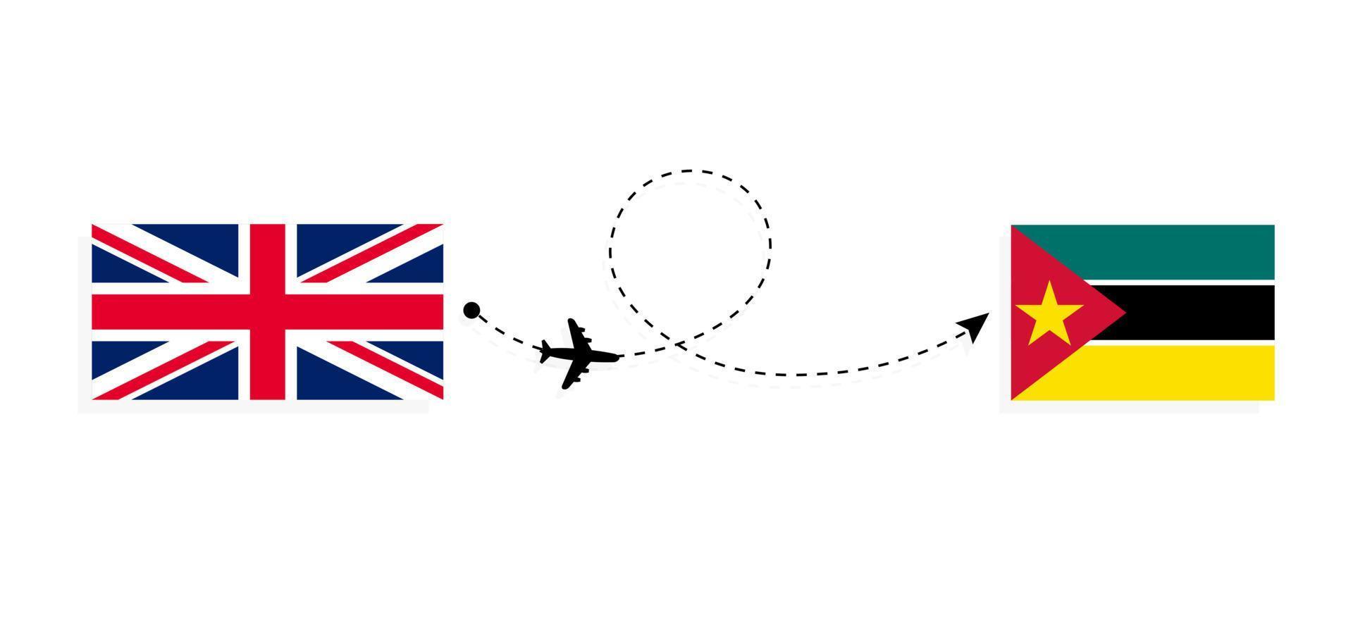 vuelo y viaje desde el reino unido de gran bretaña a mozambique en avión de pasajeros concepto de viaje vector