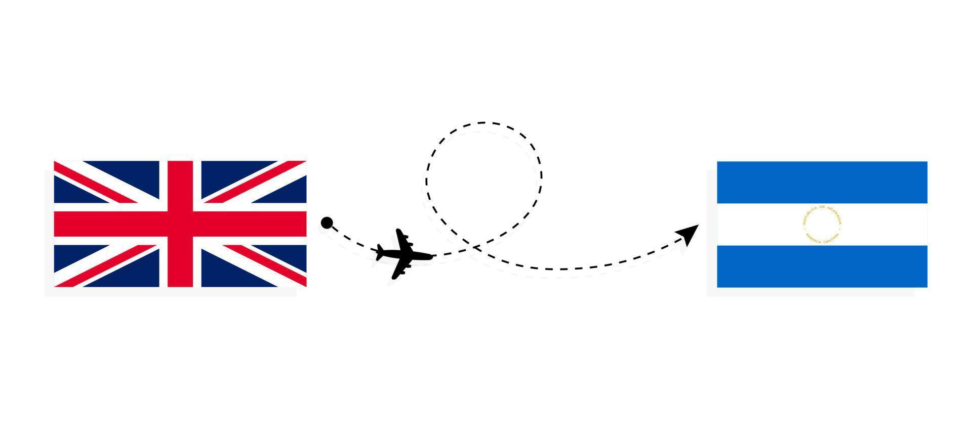 vuelo y viaje desde el reino unido de gran bretaña a nicaragua en avión de pasajeros concepto de viaje vector