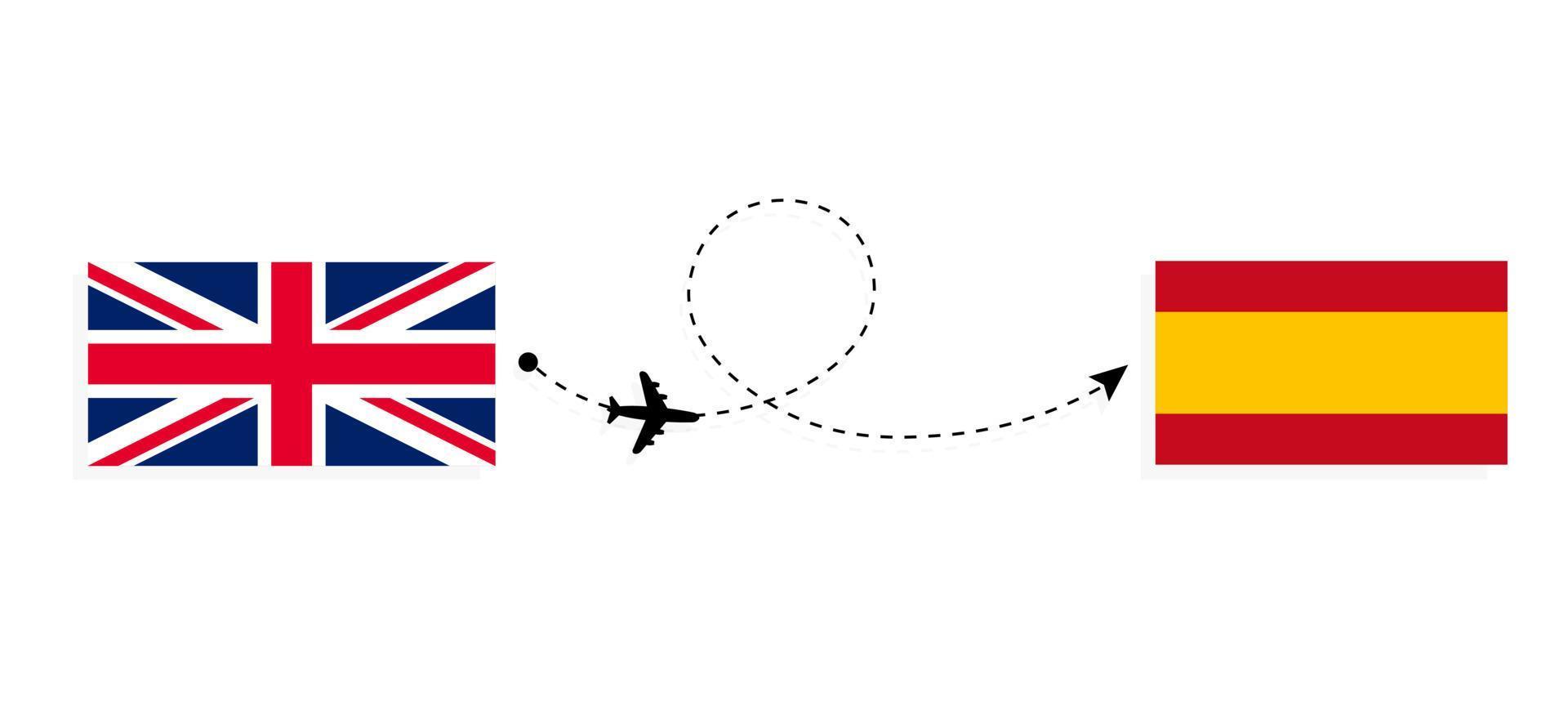 Flight and travel from United Kingdom of Great Britain to Spain by passenger airplane Travel concept vector
