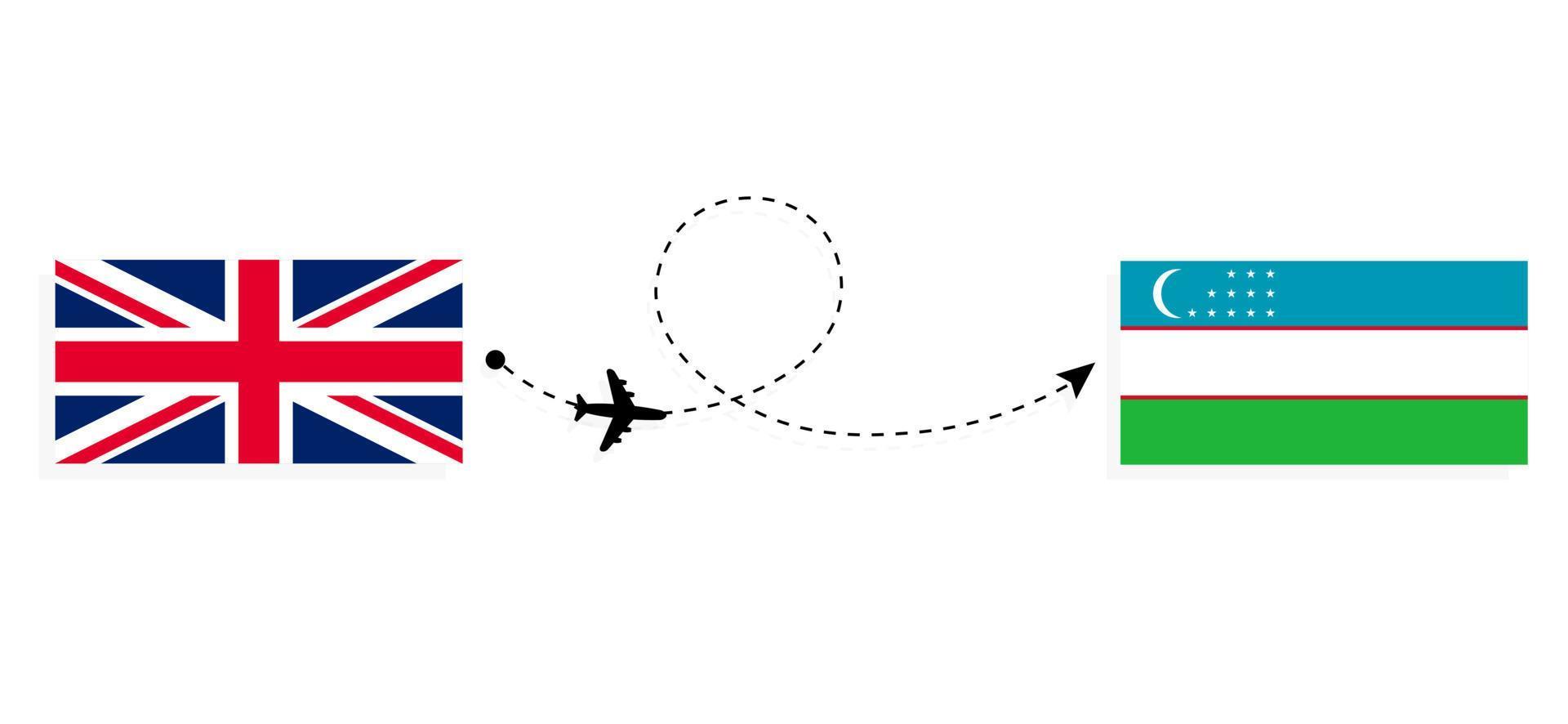 vuelo y viaje desde el reino unido de gran bretaña a uzbekistán en avión de pasajeros concepto de viaje vector