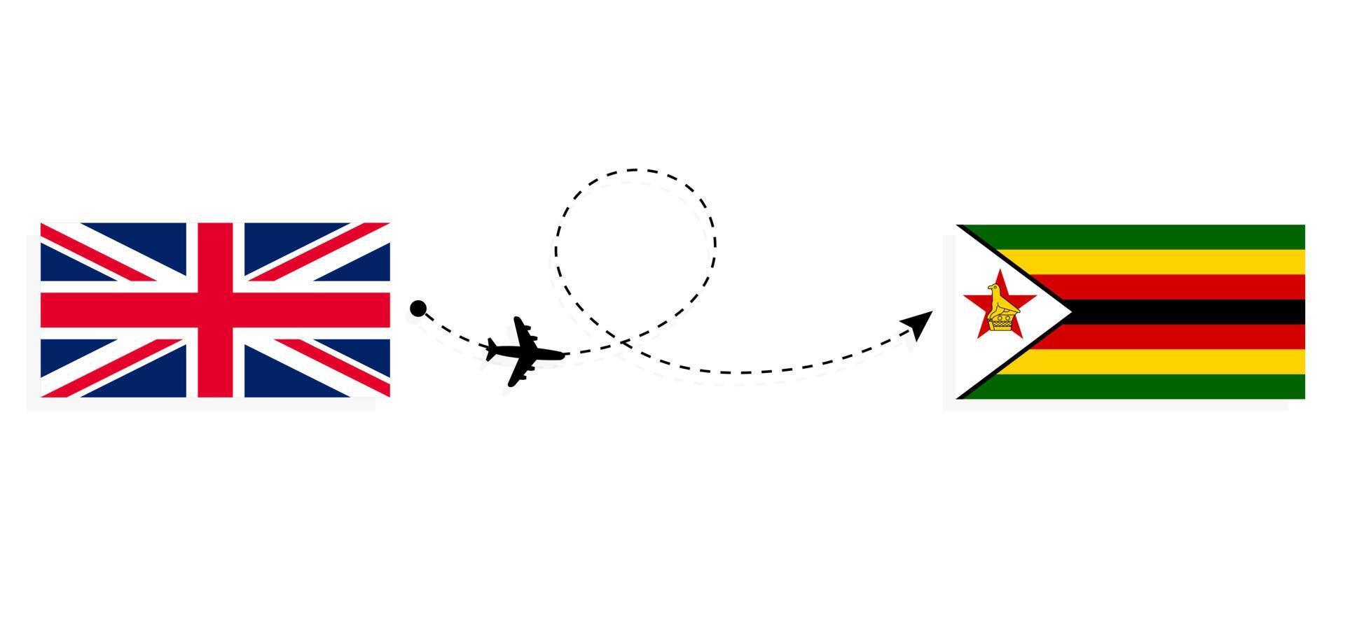 vuelo y viaje desde el reino unido de gran bretaña a zimbabwe en avión de pasajeros concepto de viaje vector