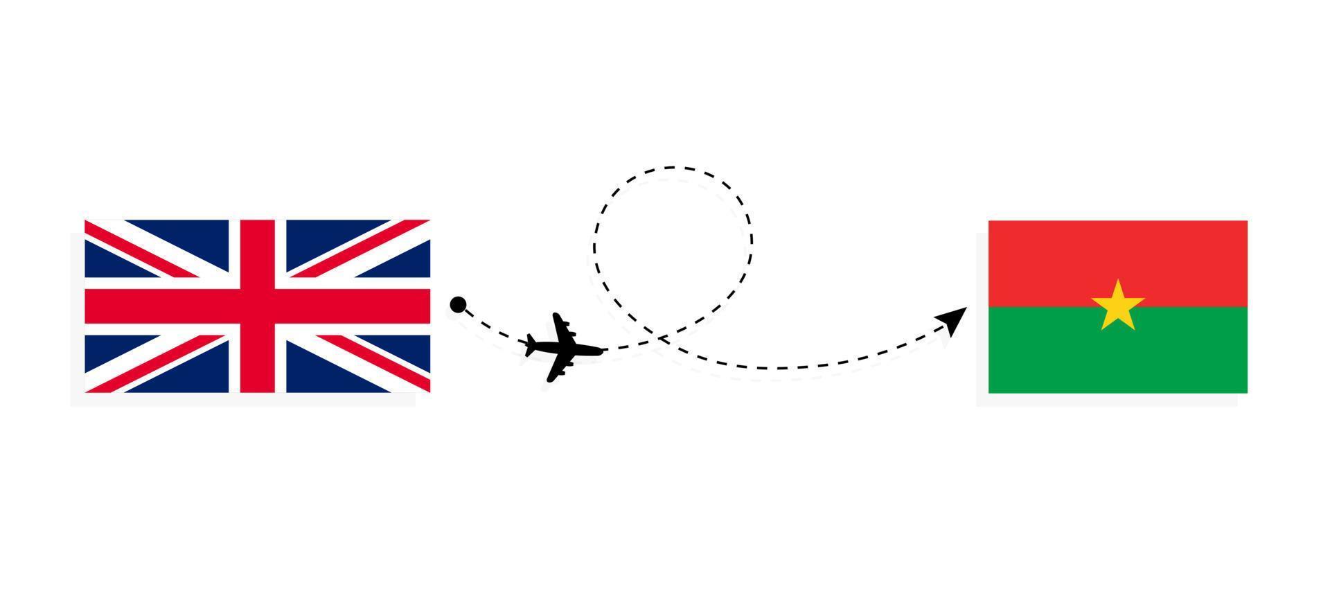 vuelo y viaje desde el reino unido de gran bretaña a burkina faso en avión de pasajeros concepto de viaje vector