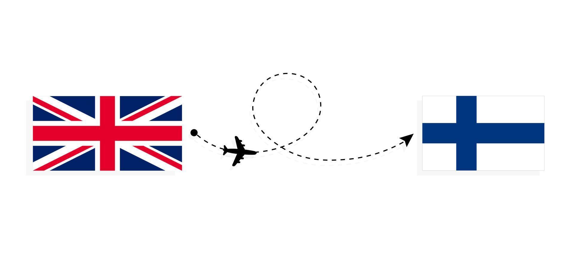 vuelo y viaje desde el reino unido de gran bretaña a finlandia en avión de pasajeros concepto de viaje vector