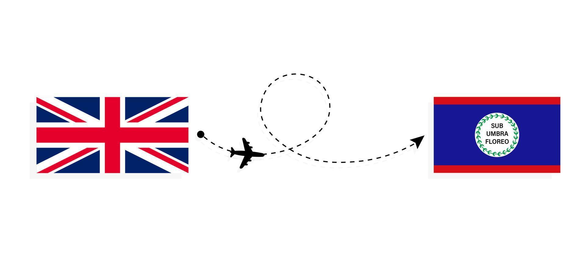 Flight and travel from United Kingdom of Great Britain to Belize by passenger airplane Travel concept vector