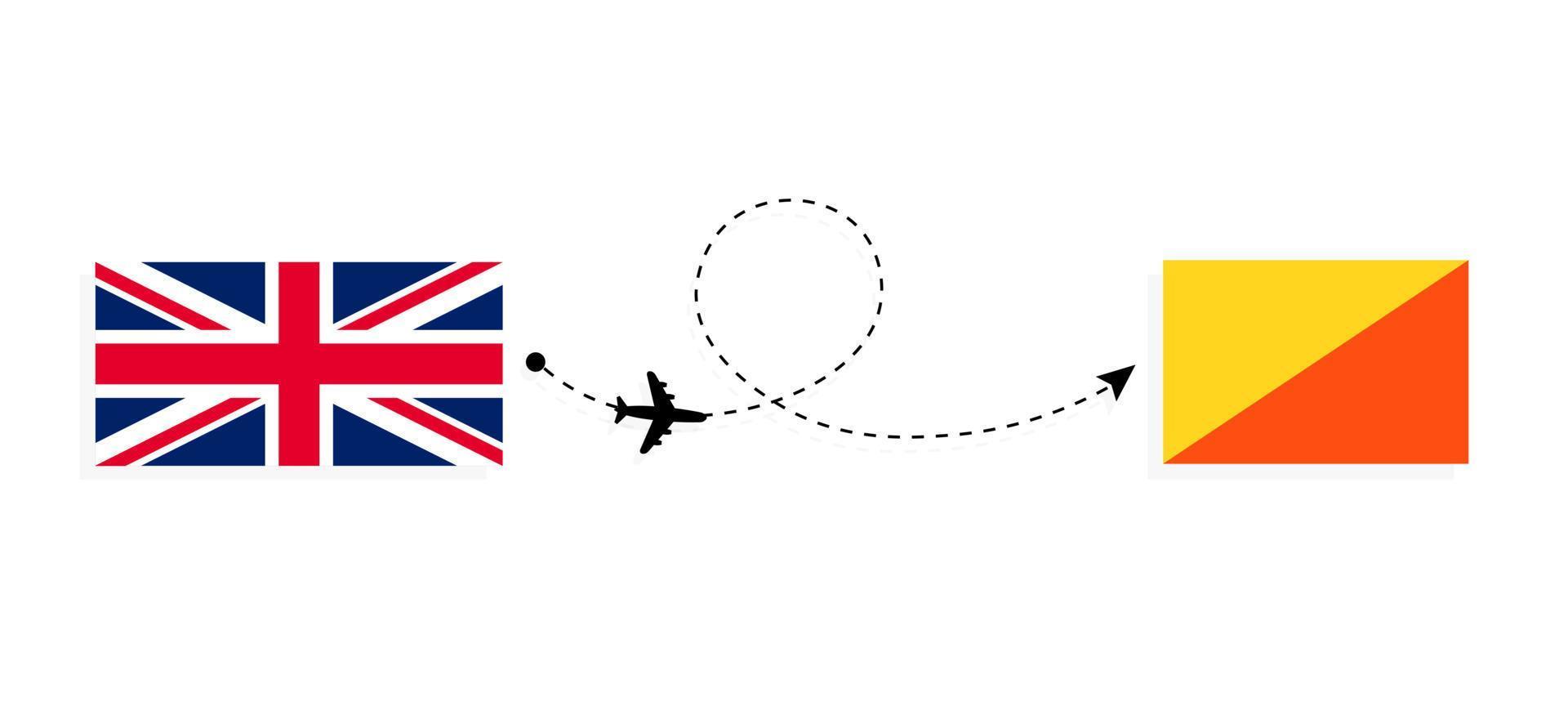 Flight and travel from United Kingdom of Great Britain to Bhutan by passenger airplane Travel concept vector