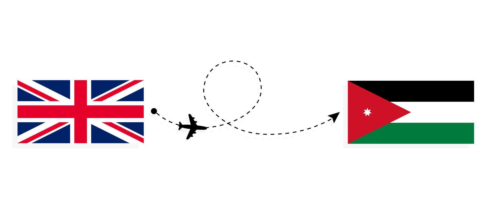 Flight and travel from United Kingdom of Great Britain to Jordan by passenger airplane Travel concept vector