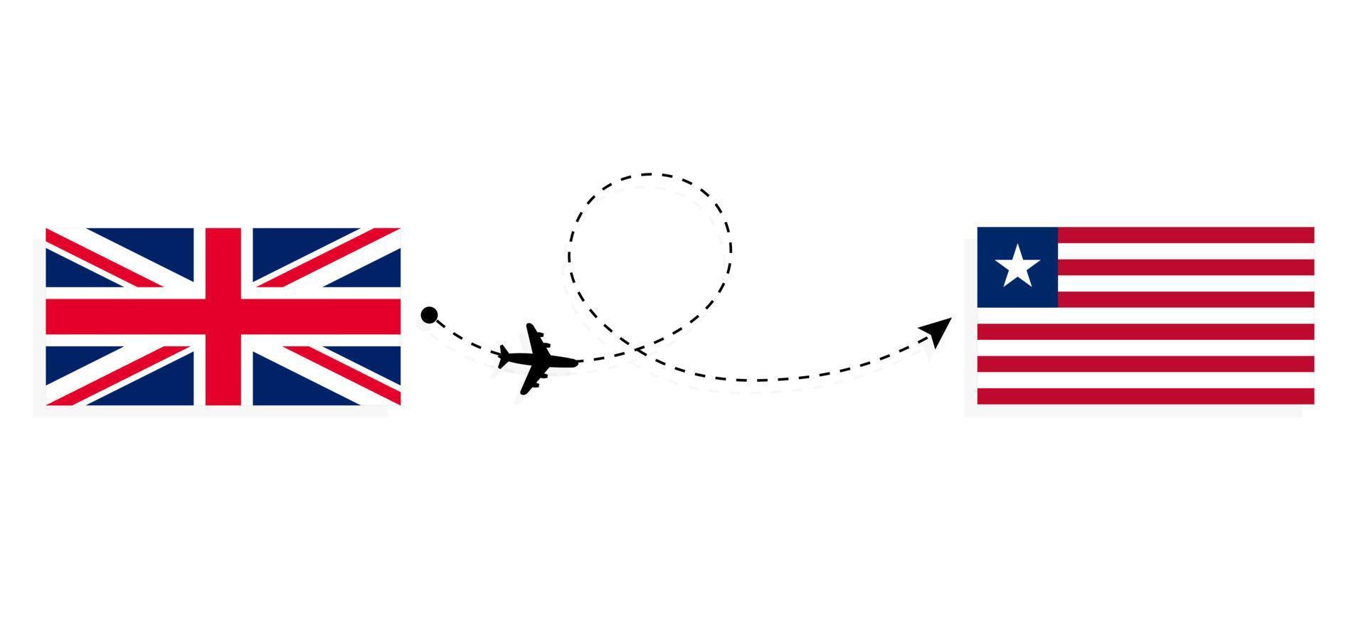 vuelo y viaje desde el reino unido de gran bretaña a liberia en avión de pasajeros concepto de viaje vector