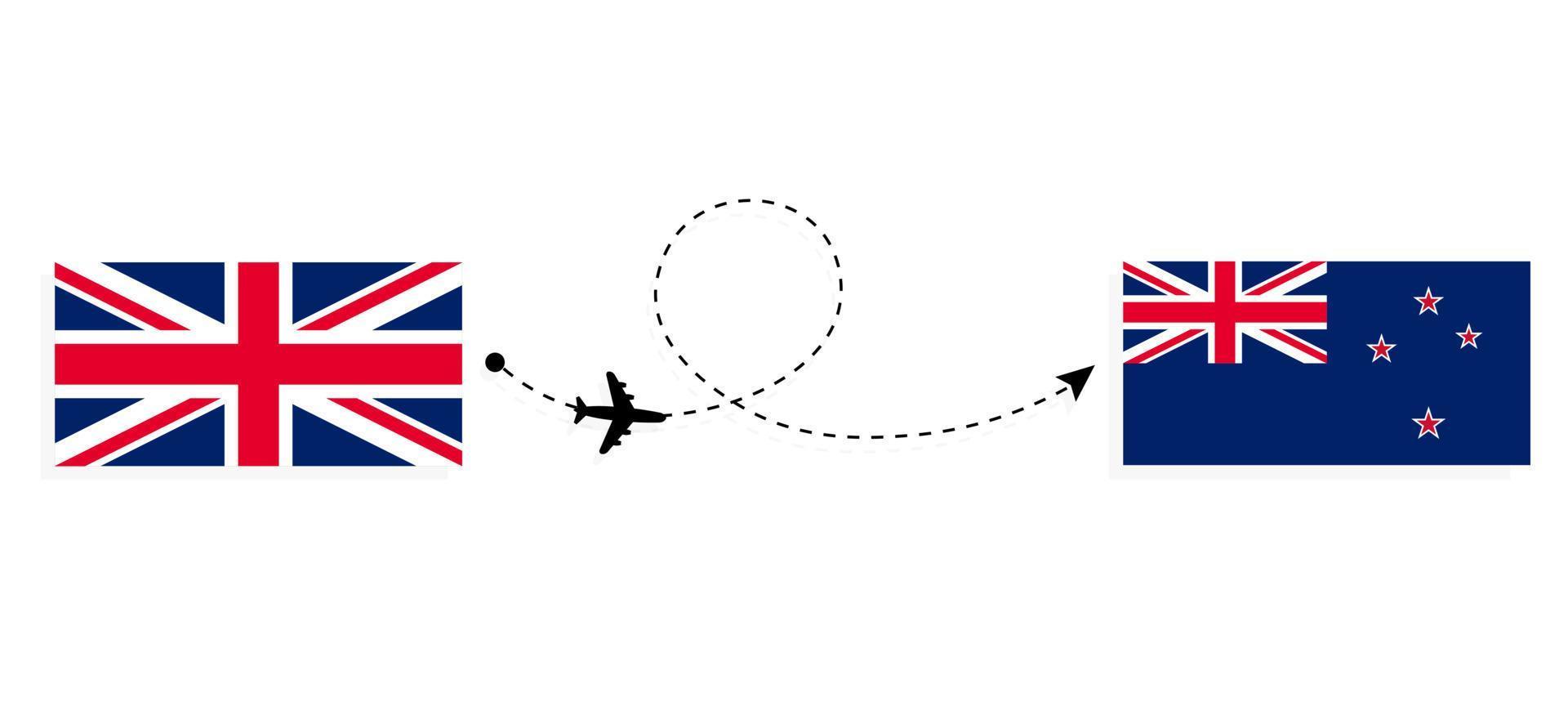 vuelo y viaje desde el reino unido de gran bretaña a nueva zelanda en avión de pasajeros concepto de viaje vector