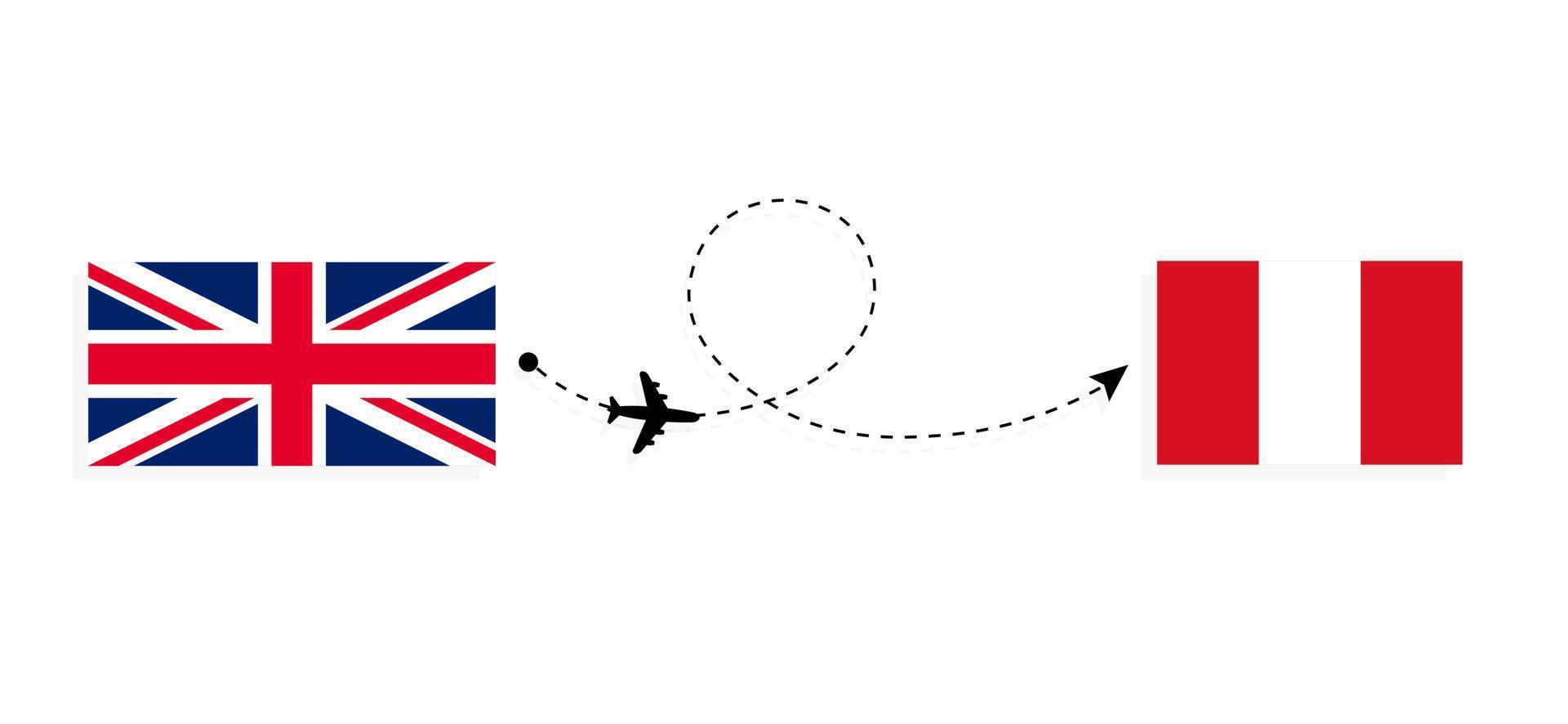 vuelo y viaje desde el reino unido de gran bretaña a perú en avión de pasajeros concepto de viaje vector