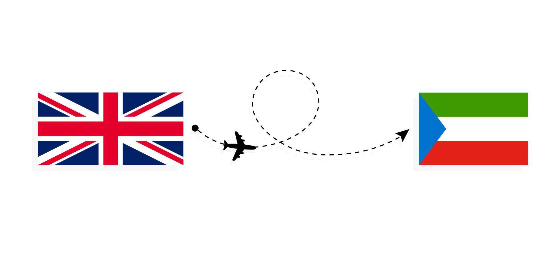 vuelo y viaje desde el reino unido de gran bretaña a guinea ecuatorial en avión de pasajeros concepto de viaje vector