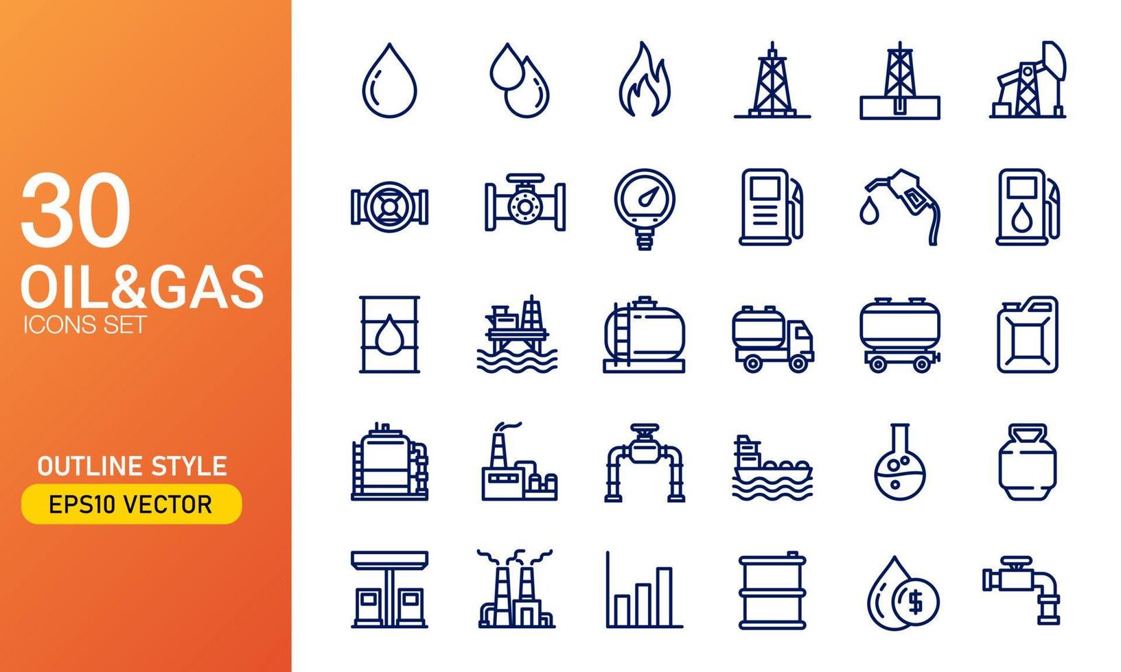 conjunto de iconos de petróleo y gas. La empresa minera de petróleo y energía describió la colección de iconos. Adecuado para elemento de diseño de refinería de gasolina y empresa de plataformas petrolíferas. vector