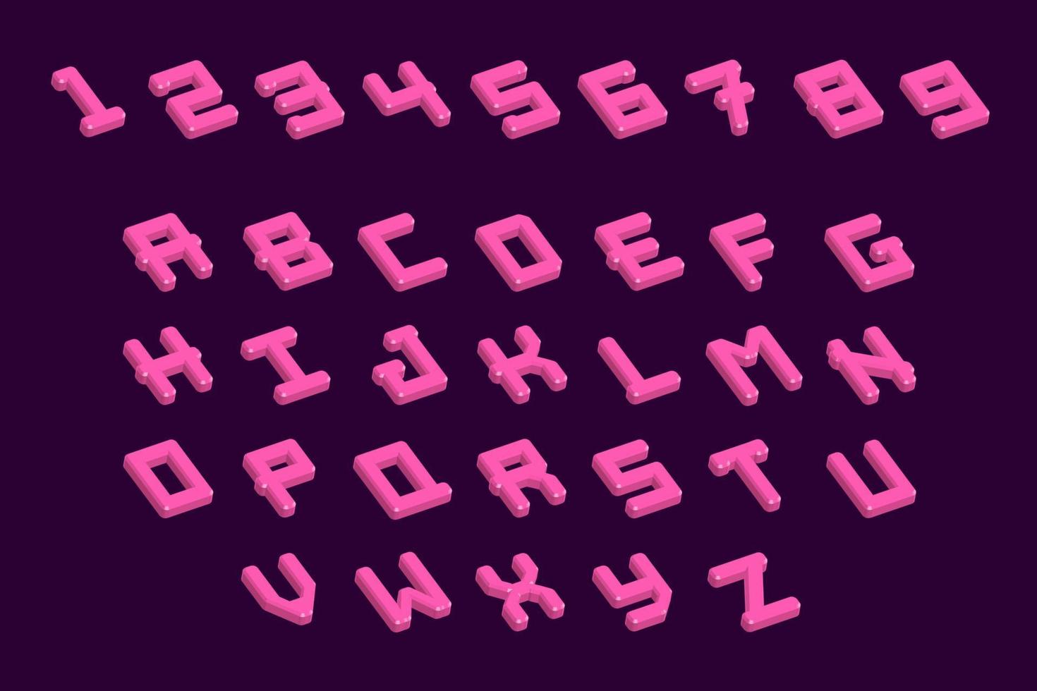 pink abstract 3d rendering, isometric characters and numbers. Isometry alphabet abs typefaces and numbers collection. vector