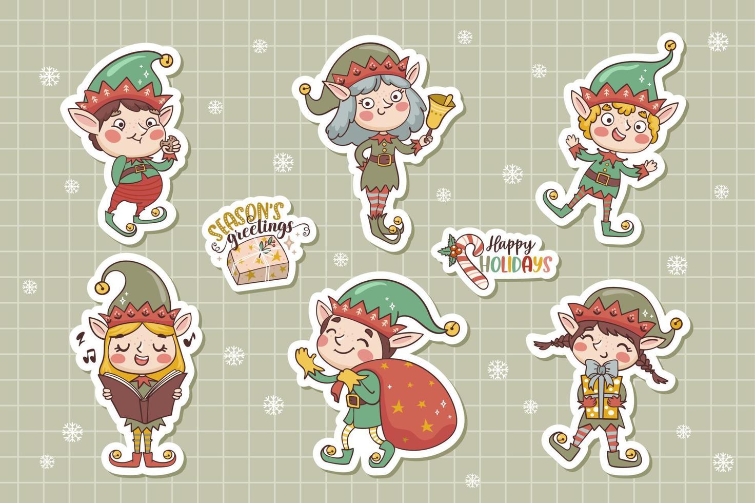 Christmas elves cartoon characters. Cute stickers collection in hand drawn style vector