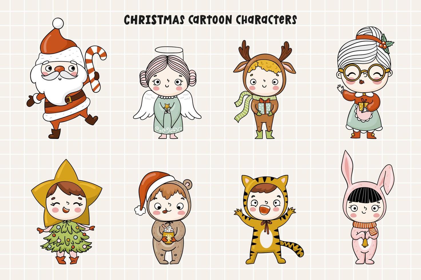 Christmas cartoon characters in hand drawn style. Funny kids illustrations vector