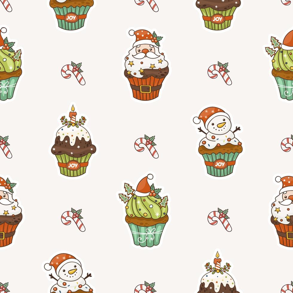 Dibujos animados de patrones sin fisuras de Navidad con cupcakes dibujados a mano, fondo de Navidad vector