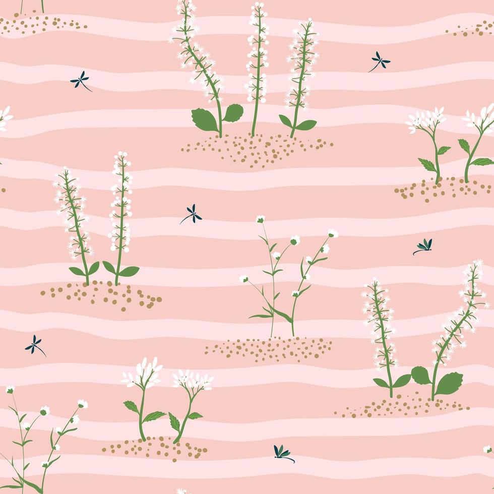 Cute blooming wildflower seamless pattern on wavy background vector