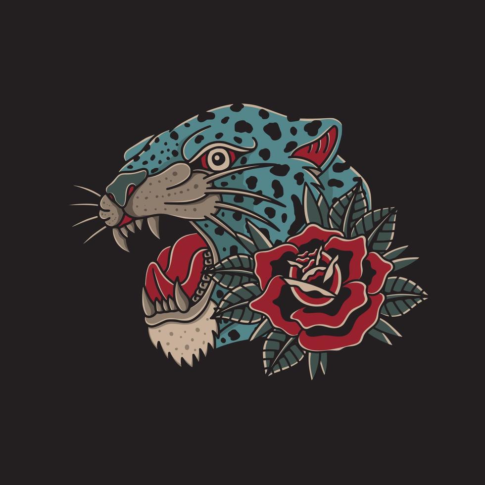 illustration of cheetah and roses with old school traditional tattoo style  4277064 Vector Art at Vecteezy