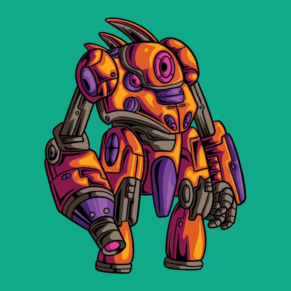 Orange Cyberpunk robot gunner character vector