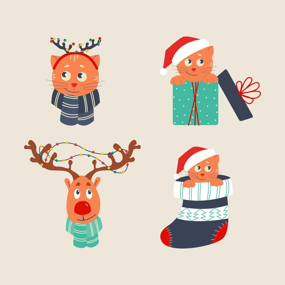 conjunto de gatos navideños con gorros de santa en diferentes poses, ciervos con guirnaldas en los cuernos. ilustración vectorial en estilo plano vector