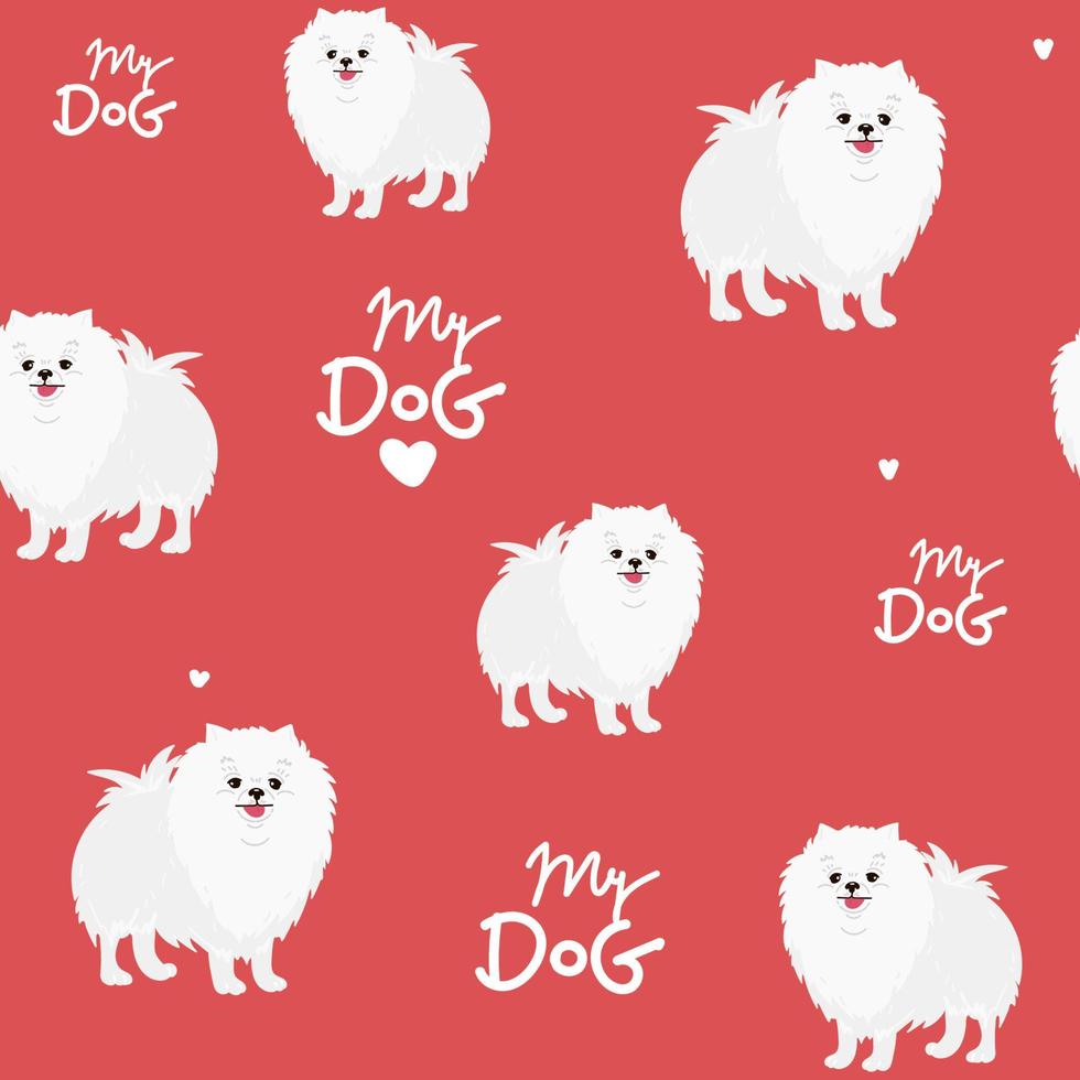 seamless pattern with cartoon dog. Cute Dog breeding white pomeranian spitz for wallpaper, pattern fills, greeting cards, webpage backgrounds, wrapping paper textile, fabric. Vector illustration