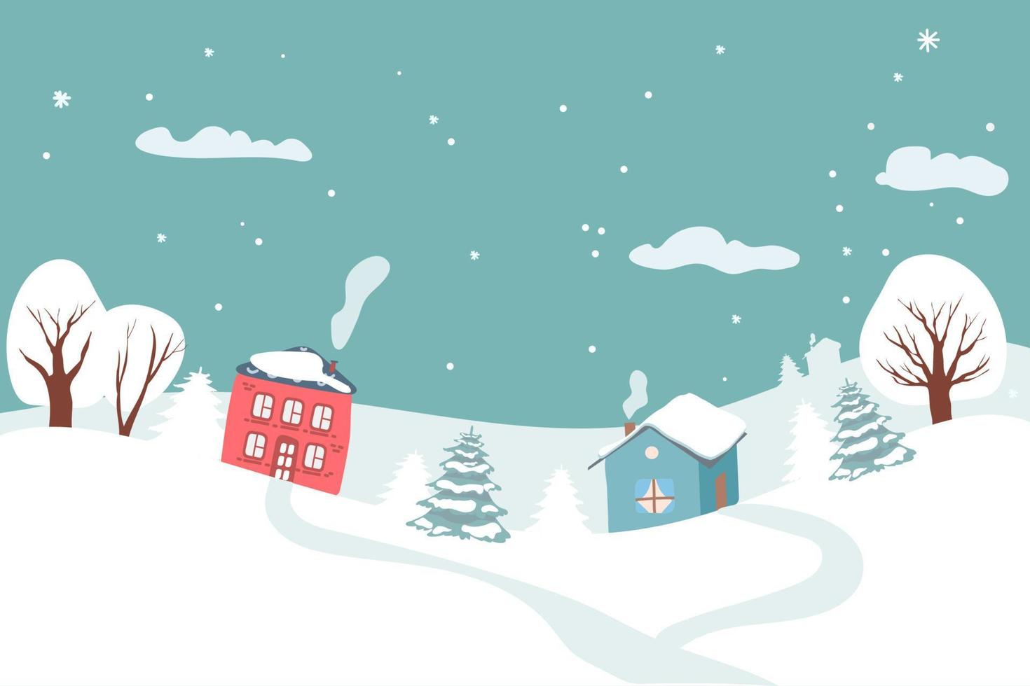 winter landscape background with snowman. Vector illustration. greeting card. Winter. Cute vector illustration of Christmas, New Year winter landscape with houses, trees. flat.