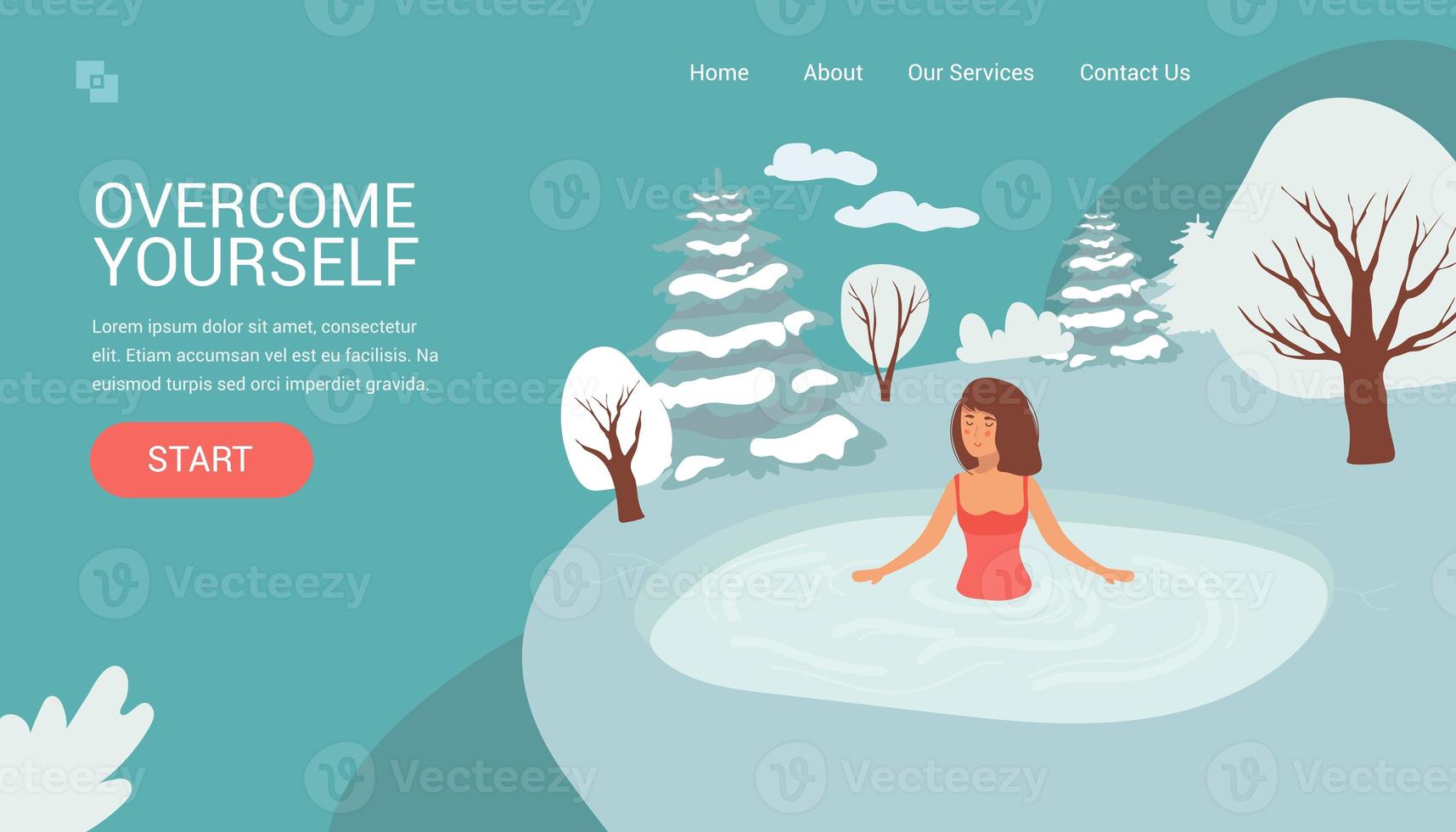 Landing page female Character Swimming in Ice. Healthy lifestyle challenge, sport activity concept. Hole in Winter Season. Woman, Healthy Lifestyle Challenge, Sports Activity. Vector Illustration photo
